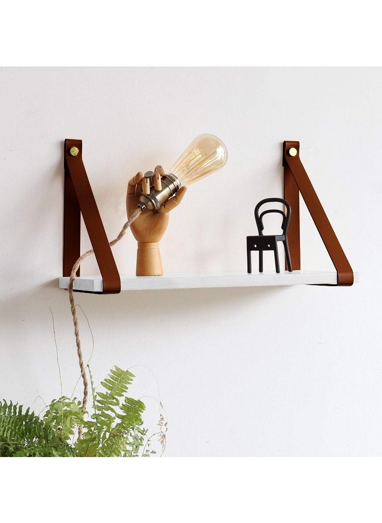 Home Gallery PU Brown Leather Strap Wall Floating Shelf  White  - Image 2