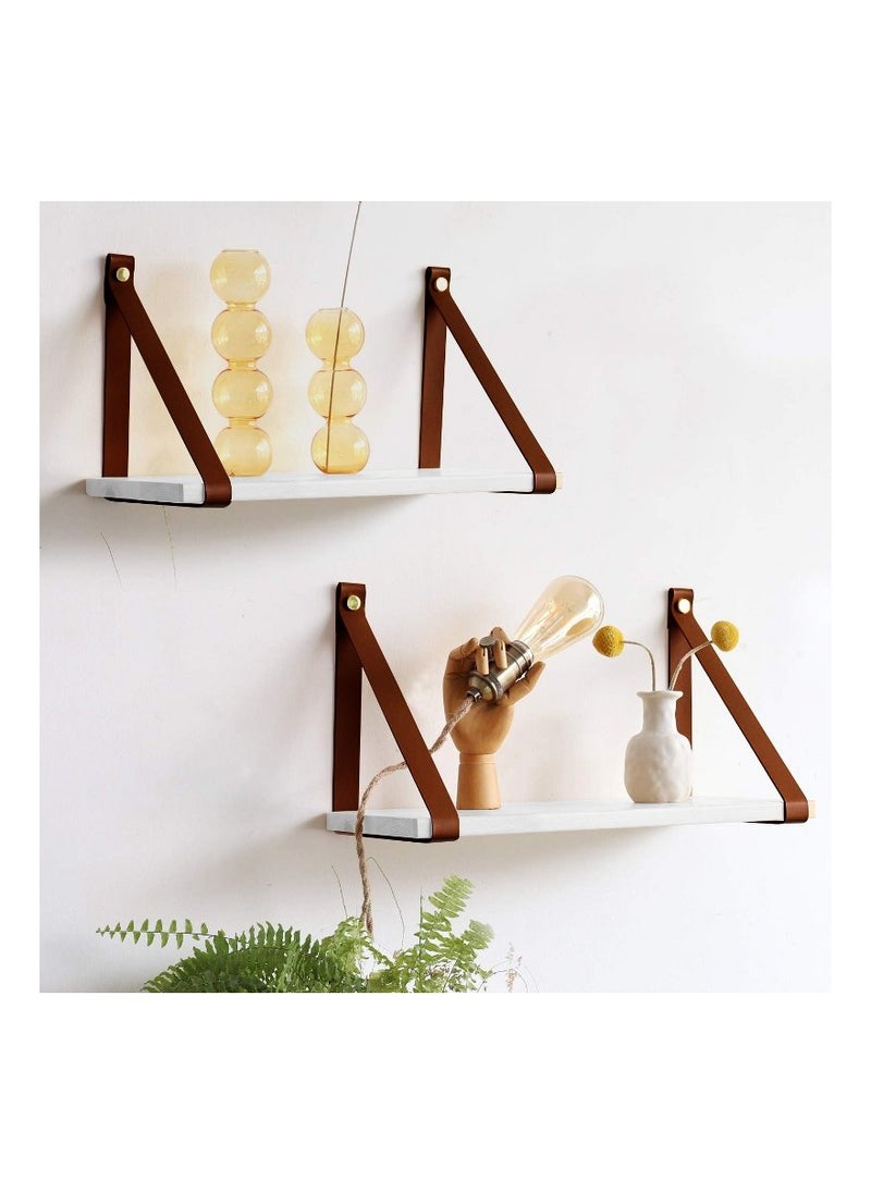 Home Gallery PU Brown Leather Strap Wall Floating Shelf  White  - Image 1