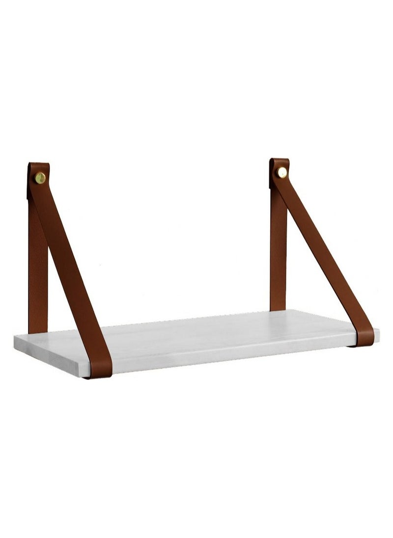 Home Gallery PU Brown Leather Strap Wall Floating Shelf  White  - Image 3