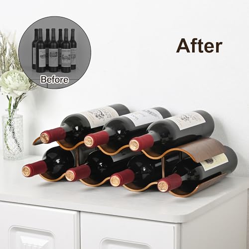 TRUDING Countertop Wine Rack 7 Bottle Freestanding Wine Bottle Holder Stand 2 Tier Wooden Wine Storage Rack Walnut Wavy Wine Organizer for Cabinet Pantry Home Kitchen Bar - Image 3