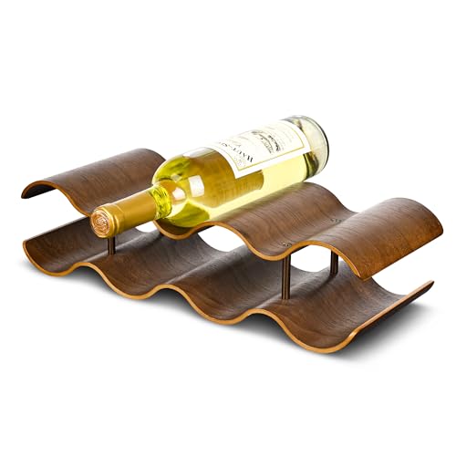 TRUDING Countertop Wine Rack 7 Bottle Freestanding Wine Bottle Holder Stand 2 Tier Wooden Wine Storage Rack Walnut Wavy Wine Organizer for Cabinet Pantry Home Kitchen Bar - Image 1
