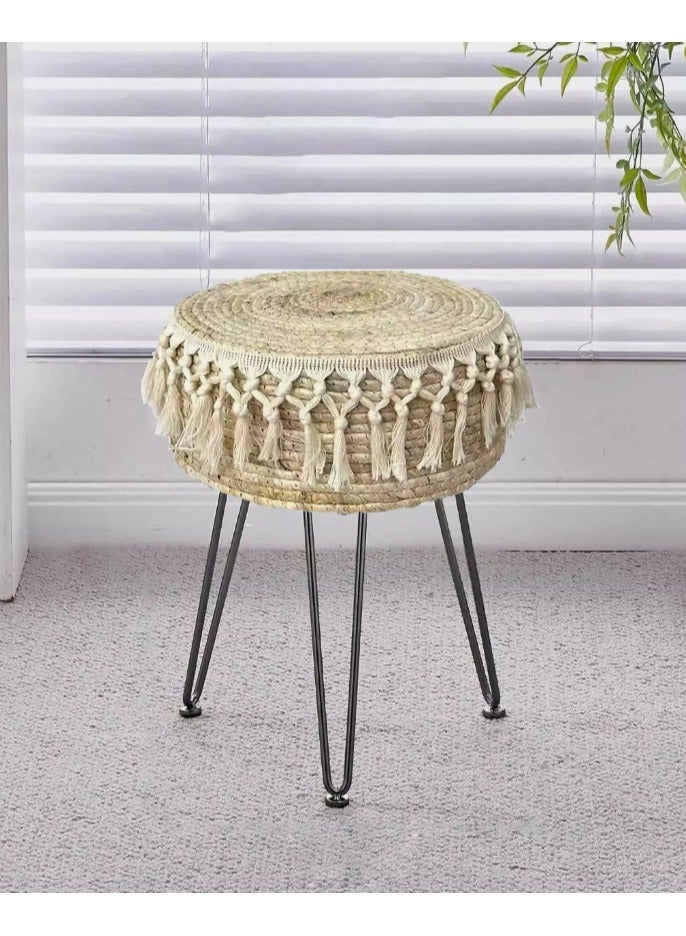 LINGWEI Handcrafted Boho Stool with Tassel Fringe, 45cm Height, Jute Ottoman with Metal Legs - Have 2 Colour Options- Decorative Ottoman Stool - Image 1