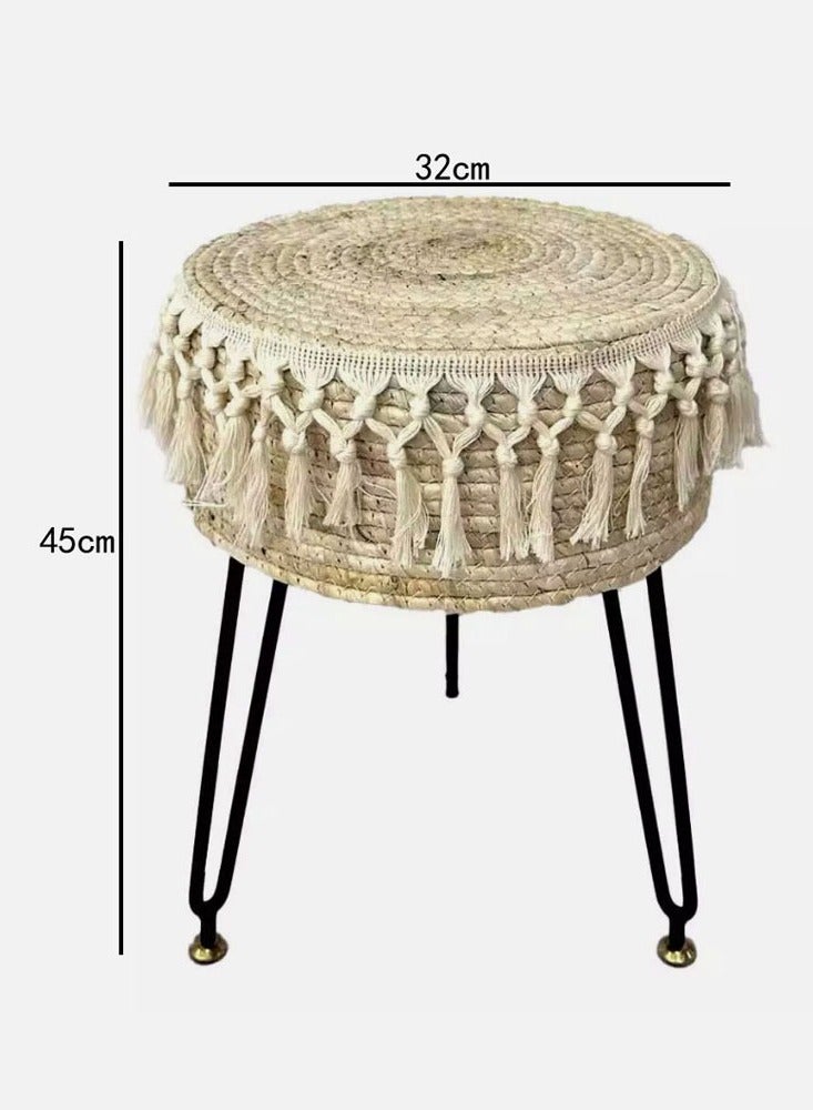 LINGWEI Handcrafted Boho Stool with Tassel Fringe, 45cm Height, Jute Ottoman with Metal Legs - Have 2 Colour Options- Decorative Ottoman Stool - Image 2