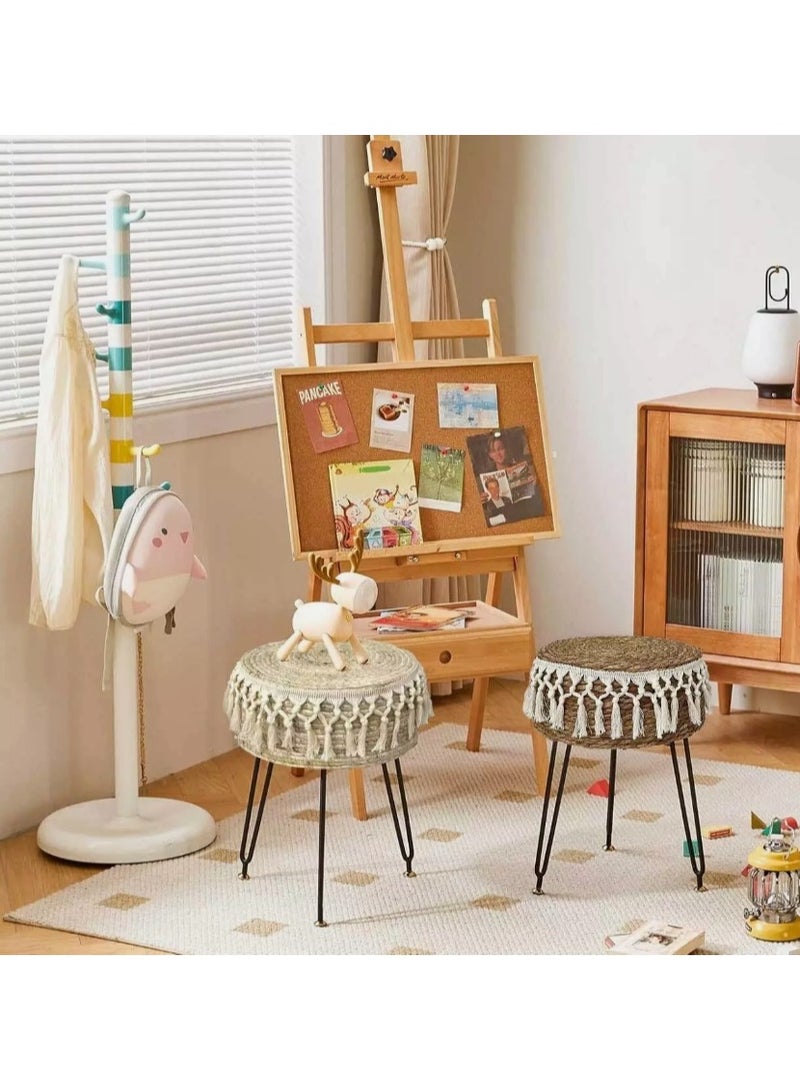 LINGWEI Handcrafted Boho Stool with Tassel Fringe, 45cm Height, Jute Ottoman with Metal Legs - Have 2 Colour Options- Decorative Ottoman Stool - Image 5