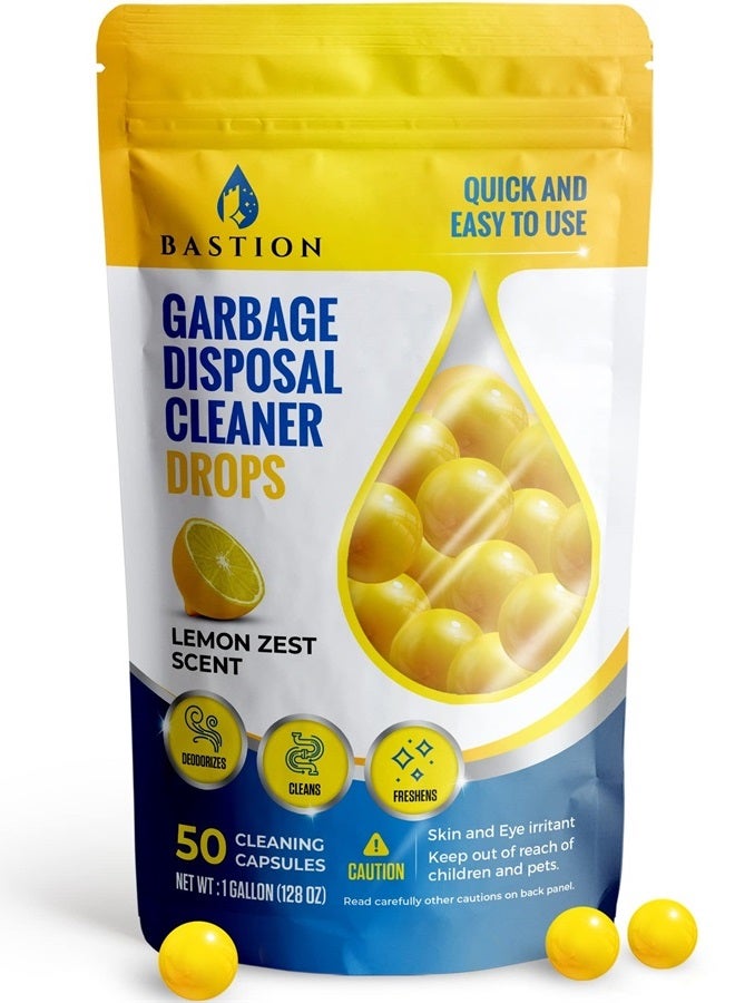 Bastion Garbage Disposal Cleaner and Deodorizer Drops- [[50-Count]] Lemon Zest Scented Kitchen Sink Freshener Pods & Drain Odor Eliminator Disposer Care Balls by Bastion - Image 1