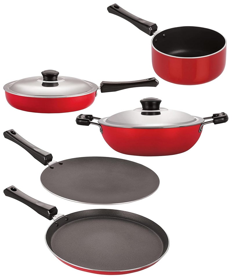 Nirlon Nirlon Non-Stick Aluminium Cookware Set, 5-Pieces, Red & Black