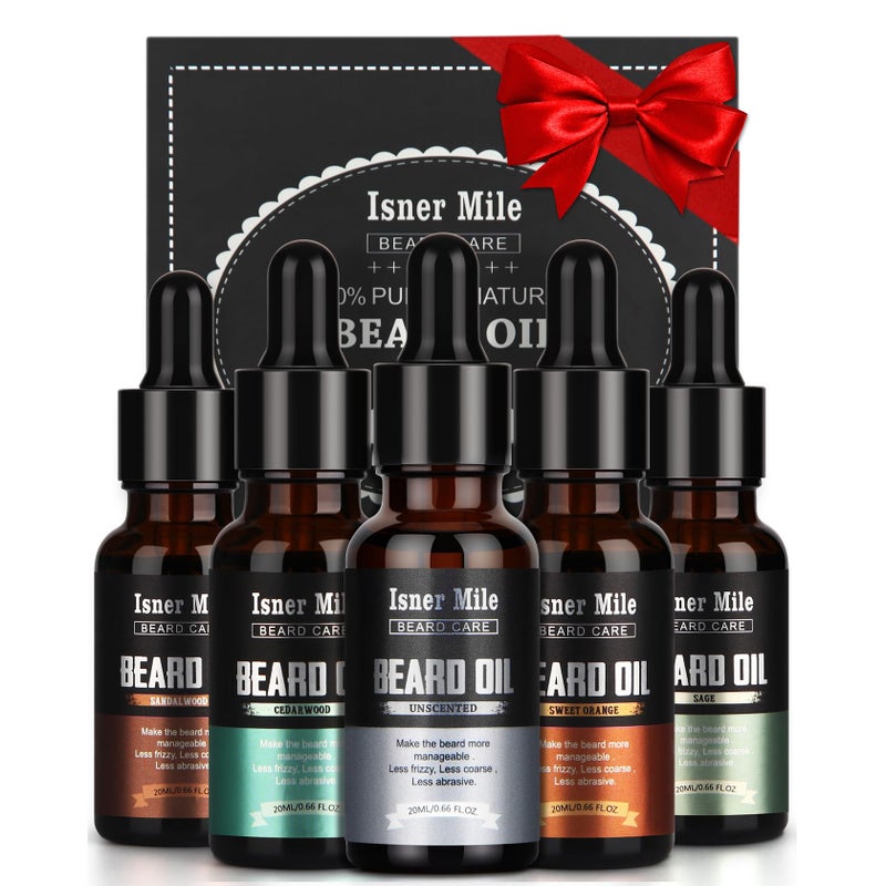 ISNER MILE 5 Pack Beard Oil Kit: Sandalwood Orange Cedarwood Sage Unscented for Beard Care & Conditioner, Christmas Stocking Stuffers for Adults Men, Birthday Gifts for Him Boyfriend Dad Husband - Image 1