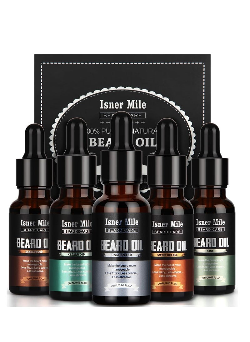isner mile ISNER MILE 5 Pack Beard Oil Set Leave in Conditioner Cedarwood Sandalwood Sage Sweet Orange for Men Mustaches Soften Moisturizing Strength Stocking Stuffers Gifts for Him Man Dad Father Boyfriend  - Image 1