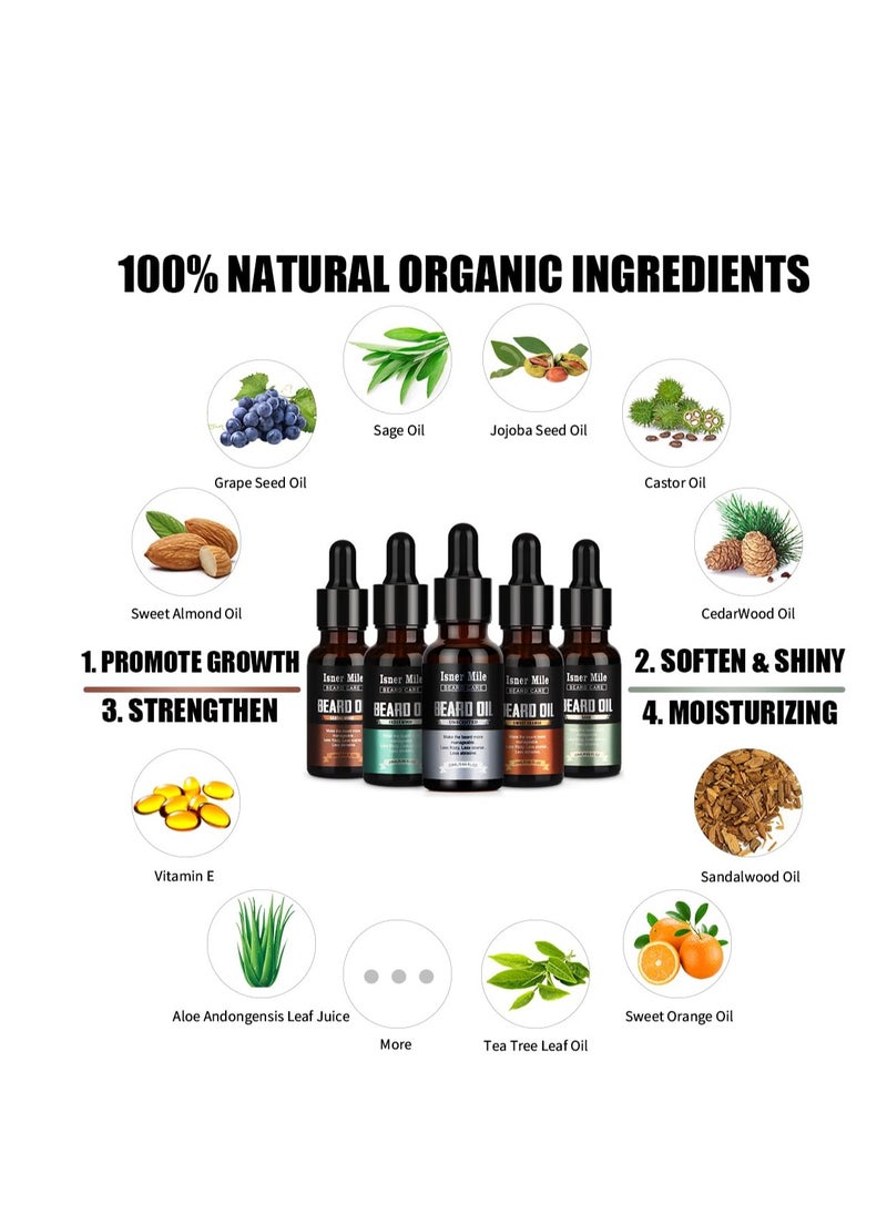 isner mile ISNER MILE 5 Pack Beard Oil Set Leave in Conditioner Cedarwood Sandalwood Sage Sweet Orange for Men Mustaches Soften Moisturizing Strength Stocking Stuffers Gifts for Him Man Dad Father Boyfriend  - Image 3