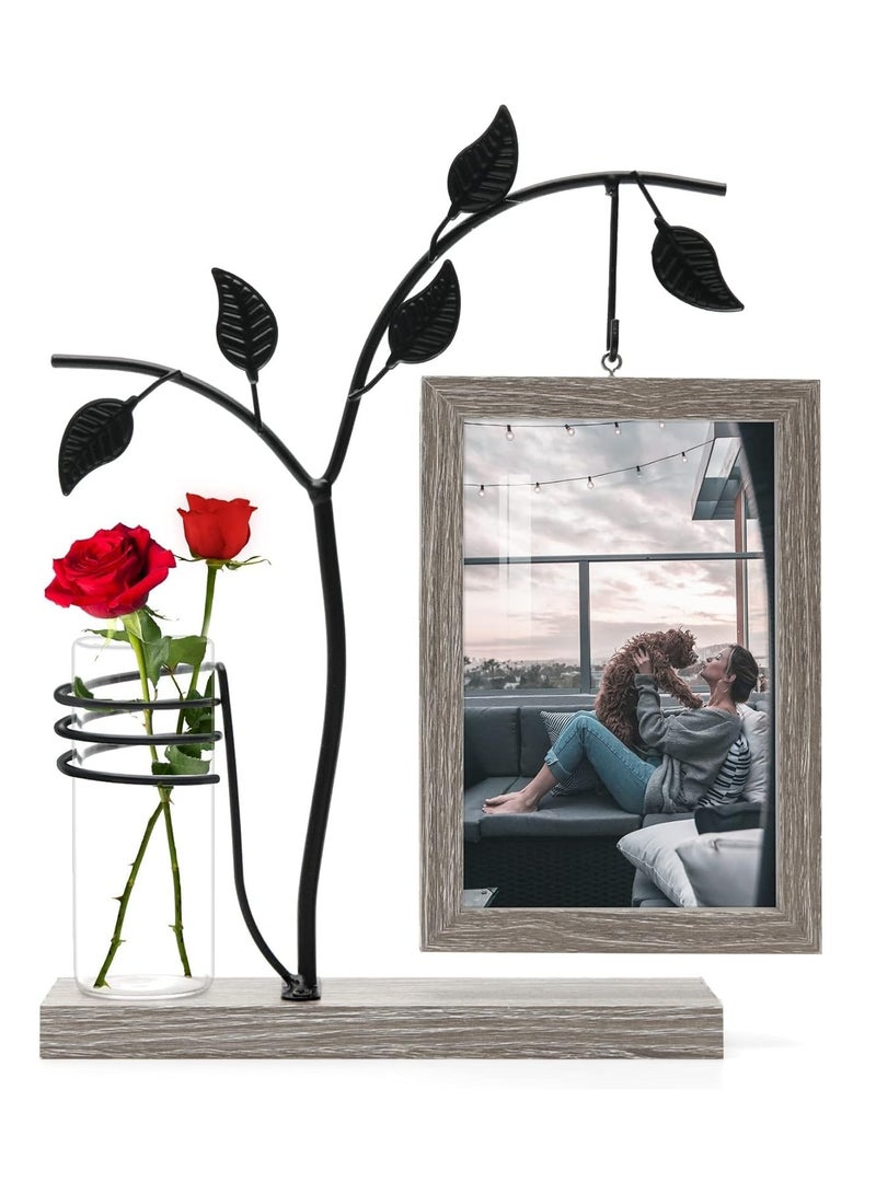 2-in-1 4x6 inch Rustic Picture Frame and Plant Terrarium with Wooden Stand for Desk Office Home Decor  - Image 1