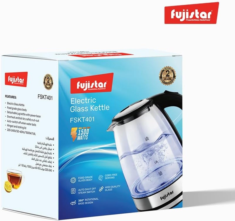 Fujistar Electric Glass Kettle FSKT401, 1.8L, 1500W, Borosilicate Glass, Auto Shut-Off, 360° Rotational Base, Silver/Black - Image 5