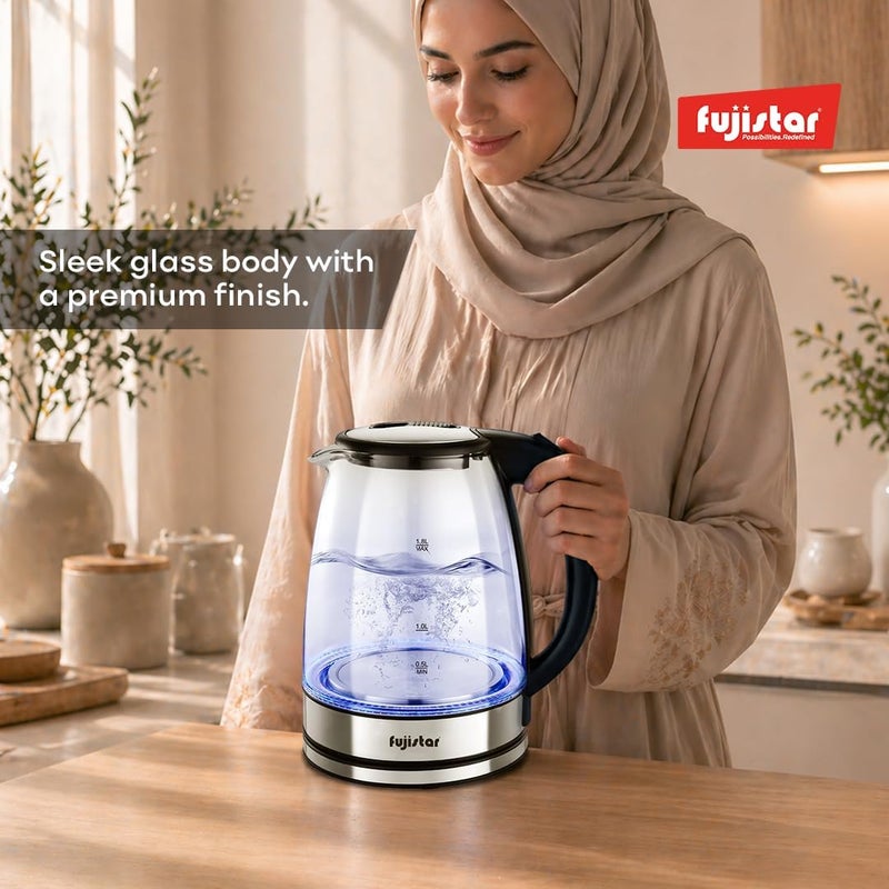 Fujistar Electric Glass Kettle FSKT401, 1.8L, 1500W, Borosilicate Glass, Auto Shut-Off, 360° Rotational Base, Silver/Black - Image 3