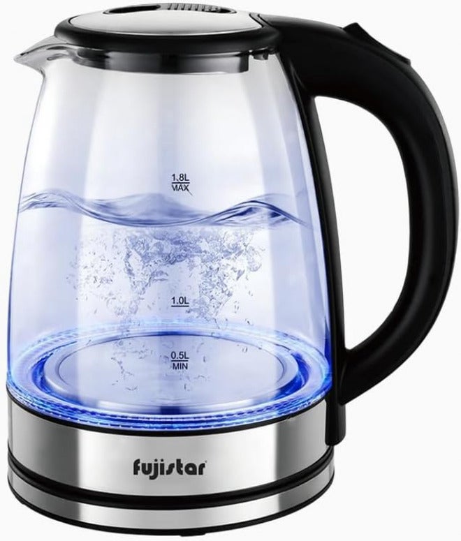 Fujistar Electric Glass Kettle FSKT401, 1.8L, 1500W, Borosilicate Glass, Auto Shut-Off, 360° Rotational Base, Silver/Black - Image 1