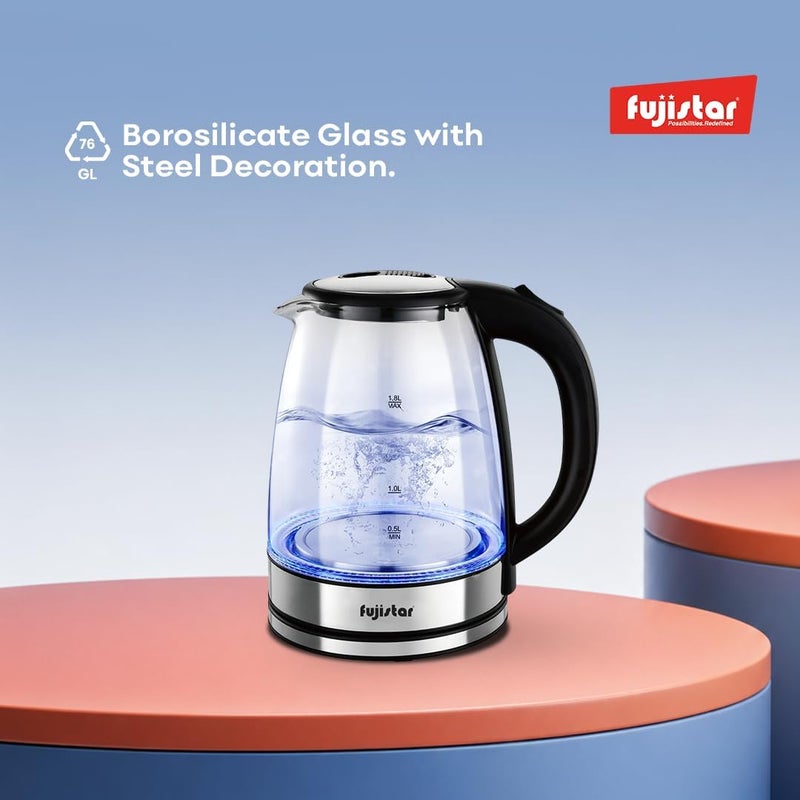 Fujistar Electric Glass Kettle FSKT401, 1.8L, 1500W, Borosilicate Glass, Auto Shut-Off, 360° Rotational Base, Silver/Black - Image 4