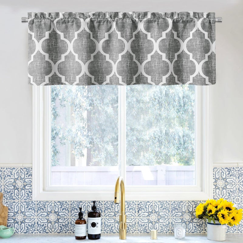 Beauoop Lattice Blackout Window Valance Curtain Panels Thermal Insulated Noise Reduction Drapes for Kitchen Cafe Living Room Quatrefoil Window Treatment Sets Rod Pocket, 50W x 18L, Gray, 1 Panel - Image 1