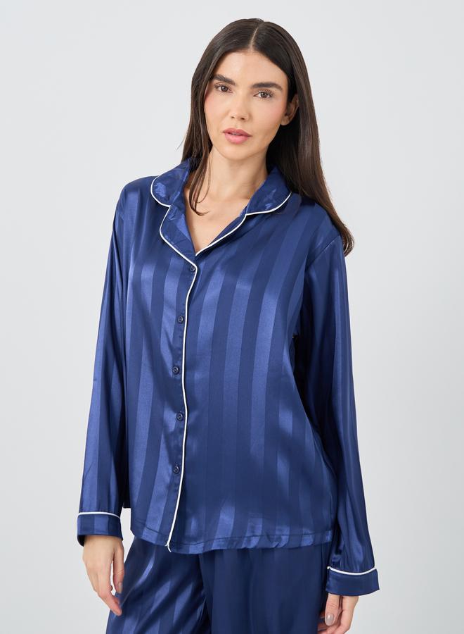 Styli Satin Jacquard Striped Piped Shirt and Pyjama Set - Image 3
