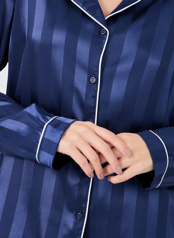 Styli Satin Jacquard Striped Piped Shirt and Pyjama Set - Image 4
