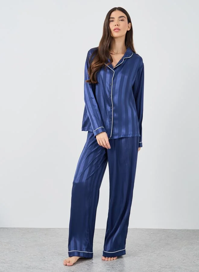 ستايلي Styli Satin Jacquard Striped Piped Shirt and Pyjama Set