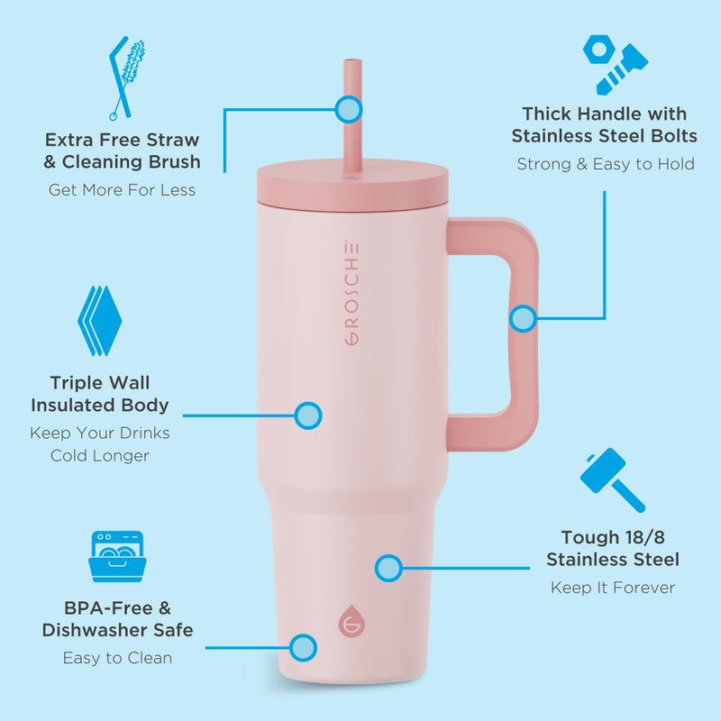 GROSCHE ASPEN 40 oz tumbler with handle and straw. Extreme insulation, classy design, built to last insulated stainless steel tumbler with handle, lid and straw - ROSE PINK - Image 3