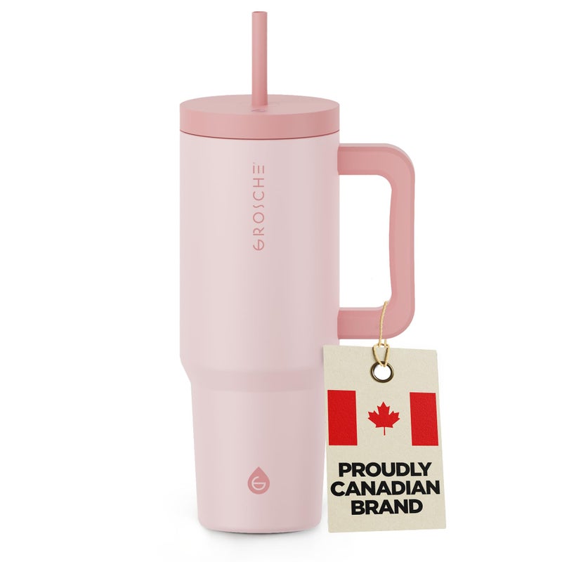 GROSCHE ASPEN 40 oz tumbler with handle and straw. Extreme insulation, classy design, built to last insulated stainless steel tumbler with handle, lid and straw - ROSE PINK - Image 1