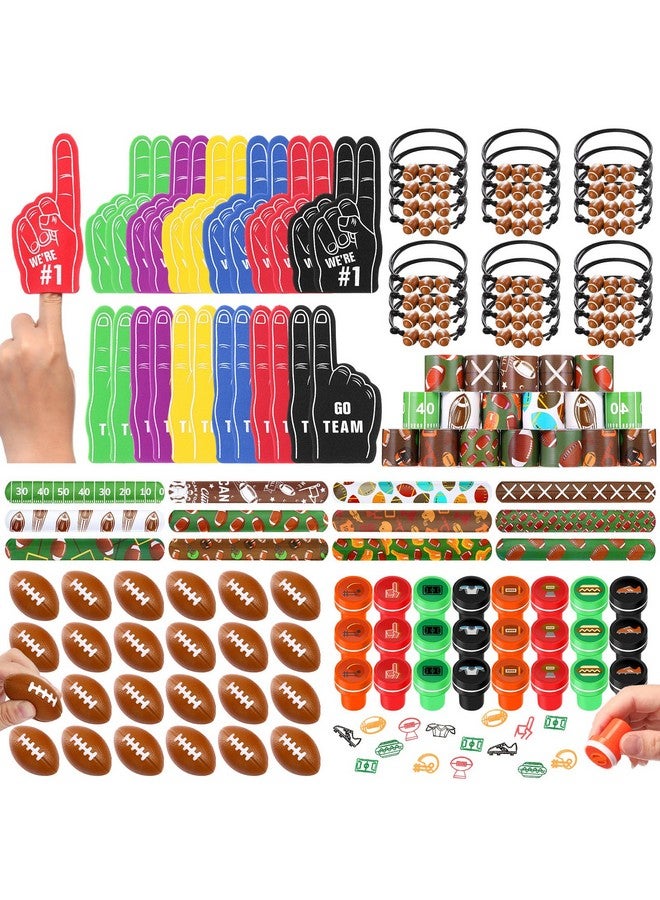 Aoriher 120 Pcs Football Sport Balls Party Favors Set Serve 24, Football Goodie Foam Finger Mini Stress Ball Slap Bracelet Charm Bracelet Stamp for Kids Party Supplies - Image 1