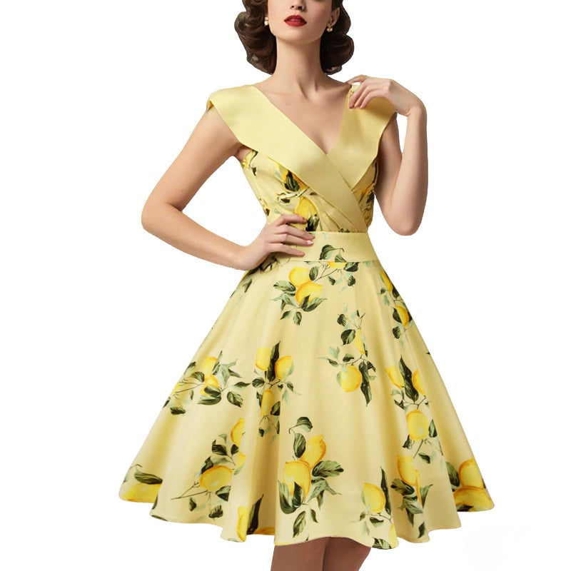 HIGAKI Women's 1950s Dress Tea Party V-Neck Sleeveless Dress(DR0065YE,XL) - Image 1