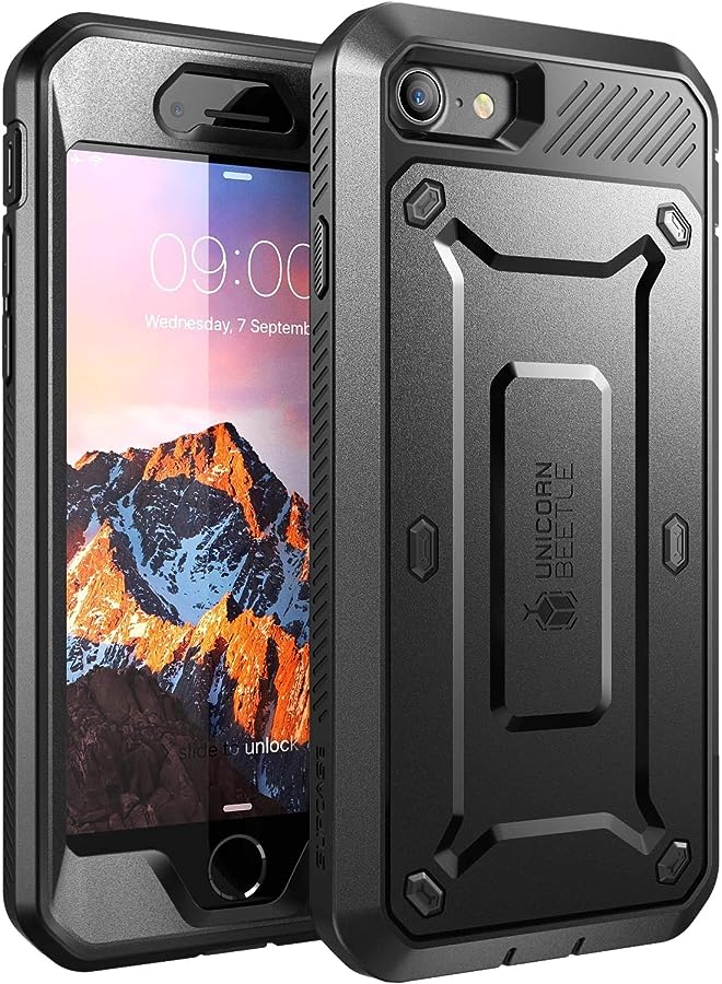 SupCase Unicorn Beetle Pro Series Case Designed for iPhone SE 2nd generation (2020)/iPhone 7/iPhone 8, Full-Body Rugged Holster Case with Built-In Screen Protector (Black) - Image 1