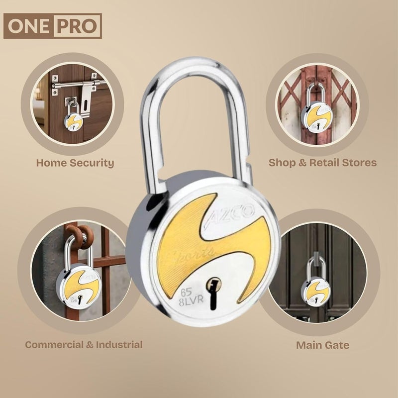 ONEPRO Azco Round Locks Multiple Keys Padlocks 52mm 65mm Steel Levers Double Locking, Strong Hardened Shackle Lock and Key for Home Door Shutter Shop Office Main Gate (6 Keys Sport 65mm Pack of 1) - Image 5
