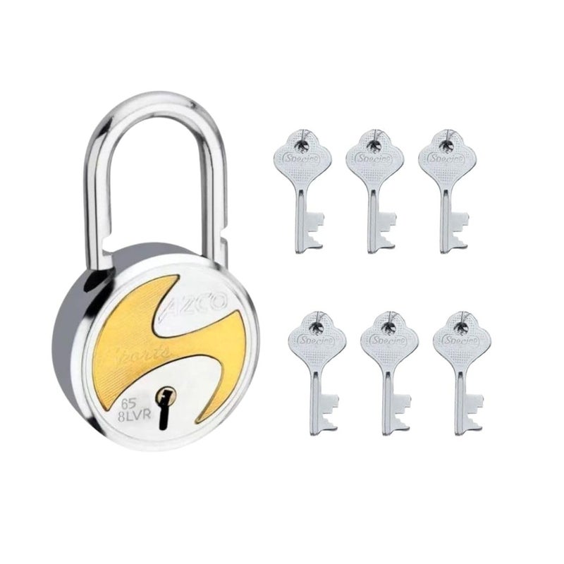 ONEPRO Azco Round Locks Multiple Keys Padlocks 52mm 65mm Steel Levers Double Locking, Strong Hardened Shackle Lock and Key for Home Door Shutter Shop Office Main Gate (6 Keys Sport 65mm Pack of 1) - Image 1