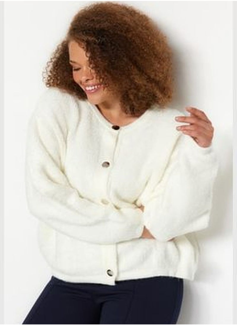 trendyol Ecru Plush Knitwear Cardigan with Button Closure TBBAW24AV00016  - Image 2