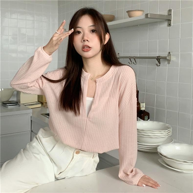 ICW Women's French Chic V-Neck Knitted Fake two-piece suspenders long sleeves Crop Top T-Shirt DN55 (Pink) - Image 2