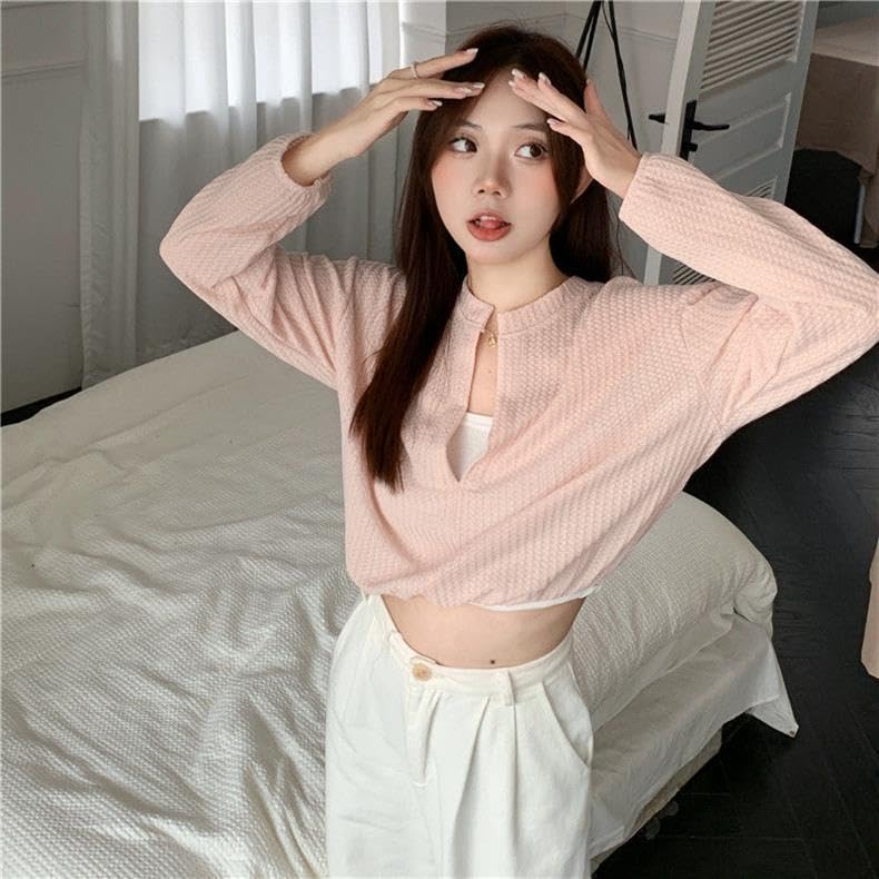 ICW Women's French Chic V-Neck Knitted Fake two-piece suspenders long sleeves Crop Top T-Shirt DN55 (Pink) - Image 4
