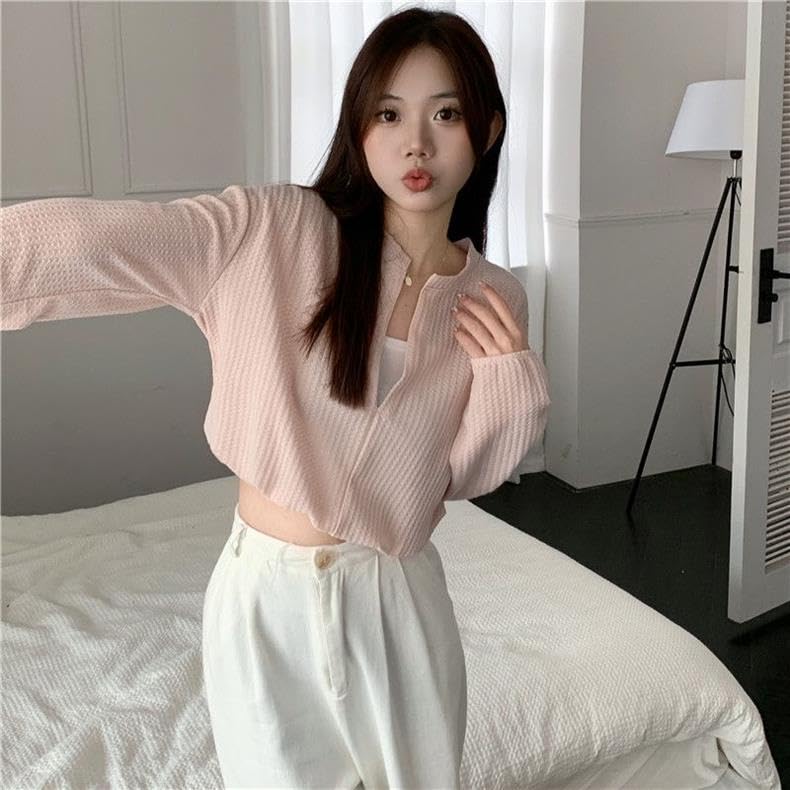 ICW Women's French Chic V-Neck Knitted Fake two-piece suspenders long sleeves Crop Top T-Shirt DN55 (Pink) - Image 3