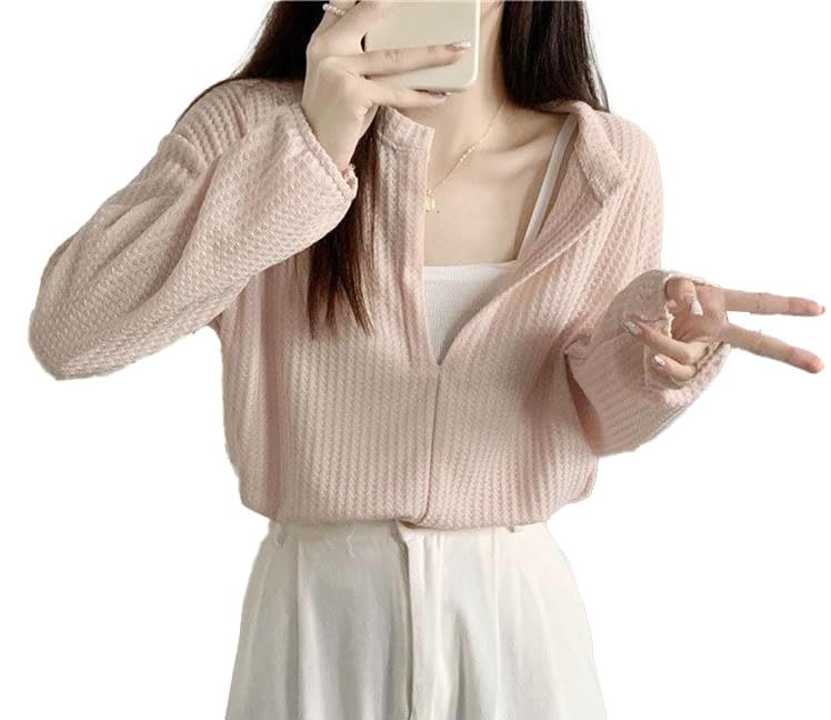 ICW Women's French Chic V-Neck Knitted Fake two-piece suspenders long sleeves Crop Top T-Shirt DN55 (Pink) - Image 1