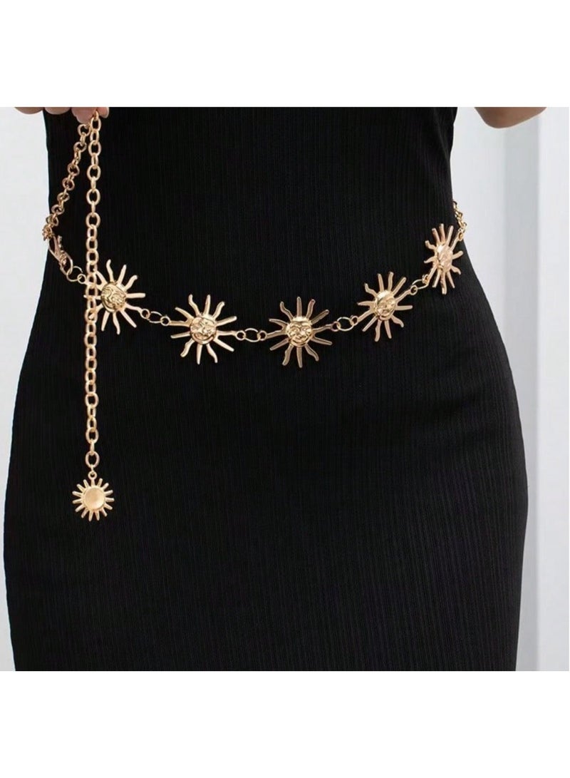 SHEIN Women's Bohemian Waist Chain, Gold Sun Waist Belt Accessory - Adjustable Gold Waist Chain, Suitable For Casual And Daily Commute, Daily Fashion Accessory Sun Palace Style Zinc Alloy Waist Chain, All Season - Image 1