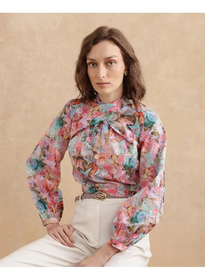ريريزم Women's High Neck Abstract Print Top