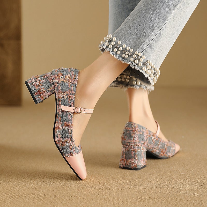 Export Model 2025 Spring Fashion Mid-Heeled Women'S Shoes 32-48 Small Fragrant Style Splicing Buckle Strap Pumps - Image 4