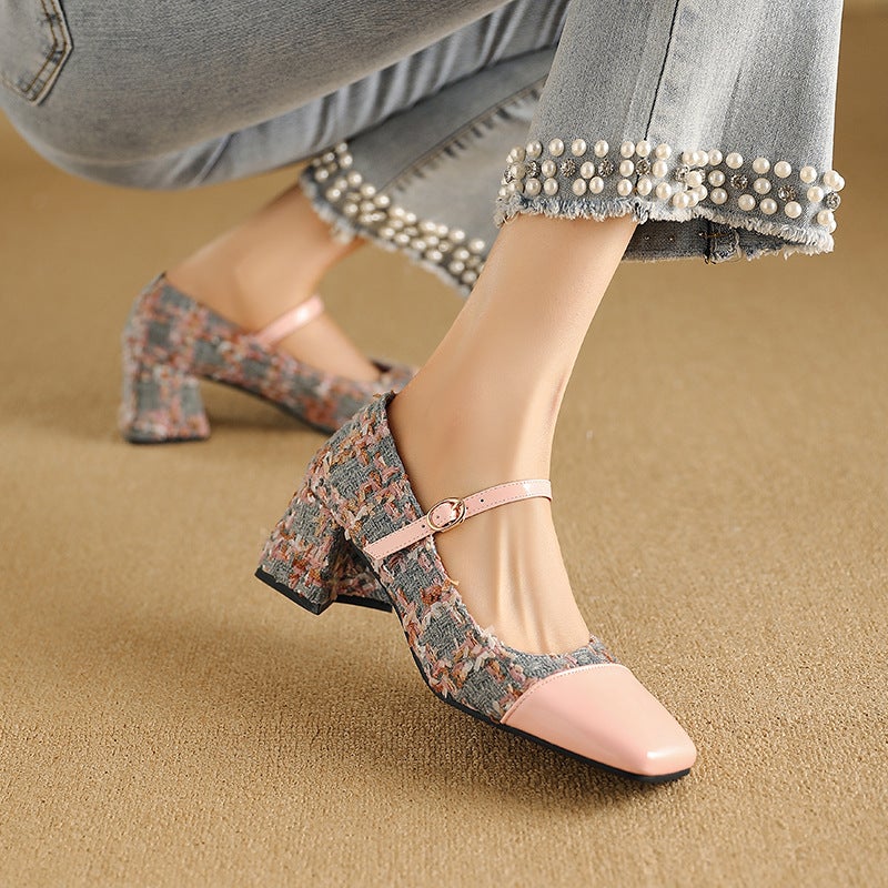 Export Model 2025 Spring Fashion Mid-Heeled Women'S Shoes 32-48 Small Fragrant Style Splicing Buckle Strap Pumps - Image 5