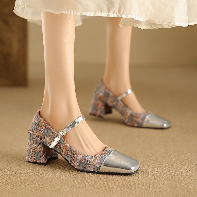 Export Model 2025 Spring Fashion Mid-Heeled Women'S Shoes 32-48 Small Fragrant Style Splicing Buckle Strap Pumps - Image 2