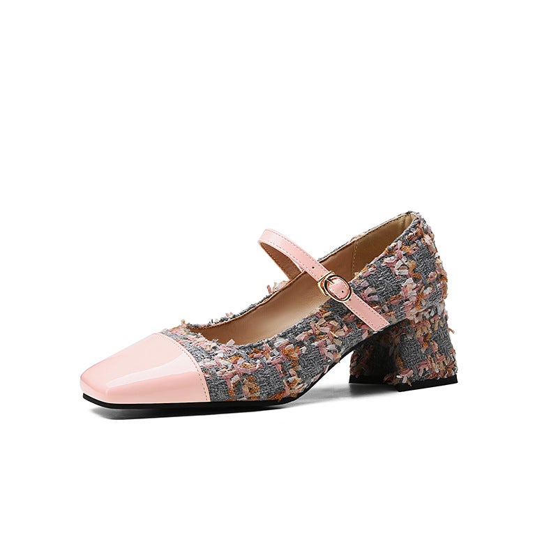 Export Model 2025 Spring Fashion Mid-Heeled Women'S Shoes 32-48 Small Fragrant Style Splicing Buckle Strap Pumps - Image 1