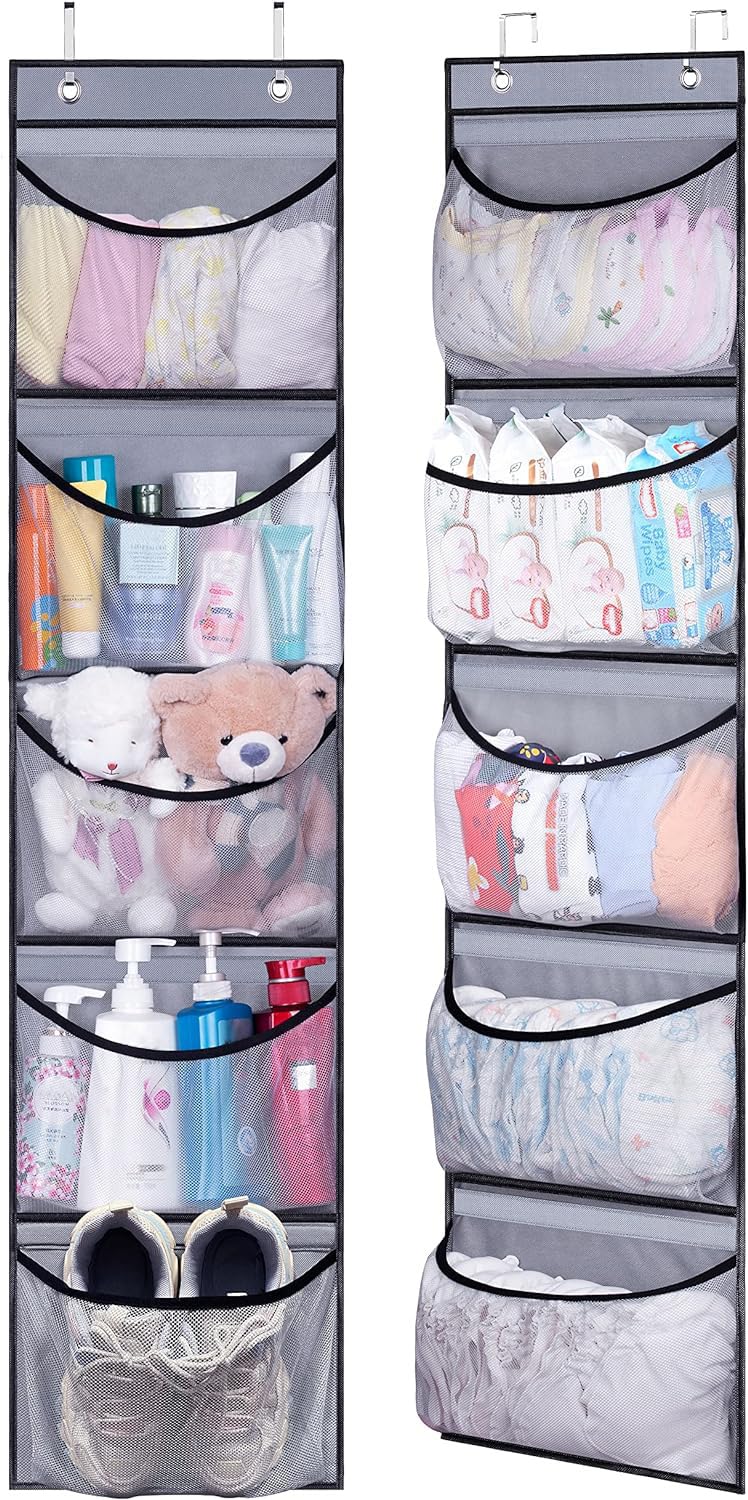 KEETDY Hanging Shelves Over the Door Organizer Storage for Closet with 5 Pockets Organizer for Bedroom Bathroom 2 PackGrey