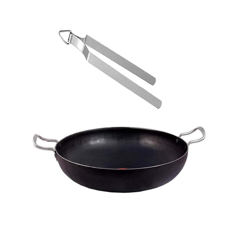 KITCHEN SHOPEE Iron deep KadaiFrying Cooking Iron Fry KadhaiPan Heavy Base with Handle Multipurpose use Black Color 10 Inch 25 cm 3 Liter 1 PES Steel chimta Induction Friendly - Image 1