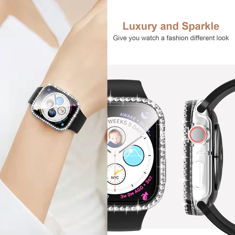 Cuteey 2 Pack Bling Case with Tempered Glass Screen Protector for Apple Watch SE 2 Series 6/5/4 SE 40mm, All Round Full Protective Hard PC Cover Bumper for iWatch Accessories, Silver+Clear - Image 5