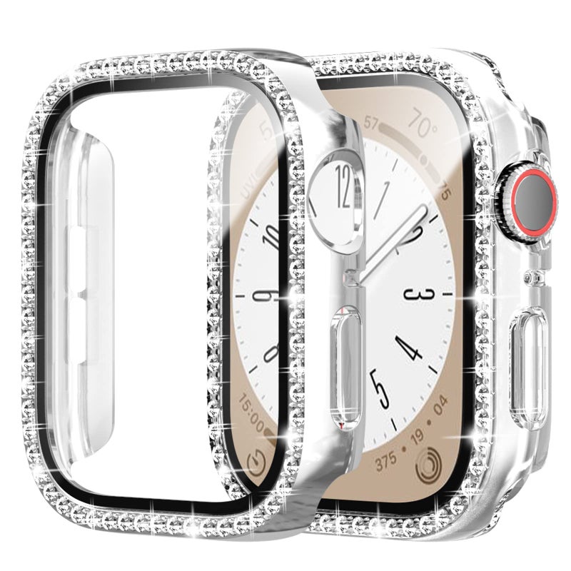 Cuteey 2 Pack Bling Case with Tempered Glass Screen Protector for Apple Watch SE 2 Series 6/5/4 SE 40mm, All Round Full Protective Hard PC Cover Bumper for iWatch Accessories, Silver+Clear - Image 1