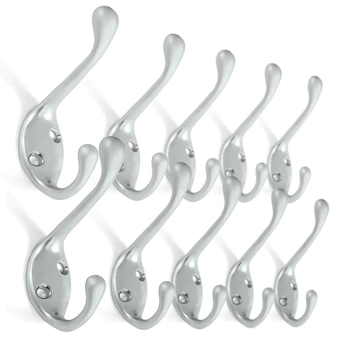 HEAVY DUTY DECORATIVE DUAL COAT HOOKHAT HOOK WALL MOUNTED TWO TYPES OF SCREWS INCLUDED DOUBLE COAT HANGER 312 10 PACK MATTE NICKEL CHROME