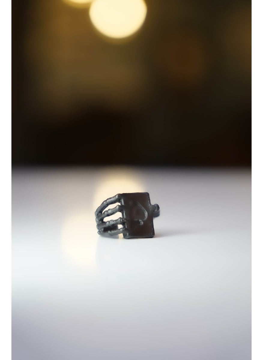 The Collection - Ace of Spades Skeleton Playing Card Adjustable Black Ring - Image 1