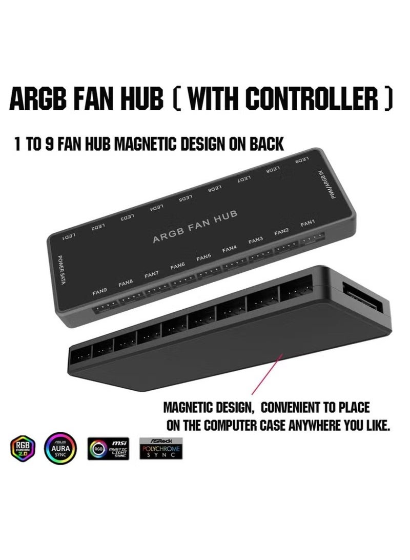 ARGB Fan HUB Controller with Remote Control, PWM Hub Support 9 Groups of Fans for Addressable 5V 3Pin ARGB  12V 4Pin PWM, 2-in-1 RGB Case Fan with Hidden Magnetic Base and SATA Power (9 Groups)  - Image 3