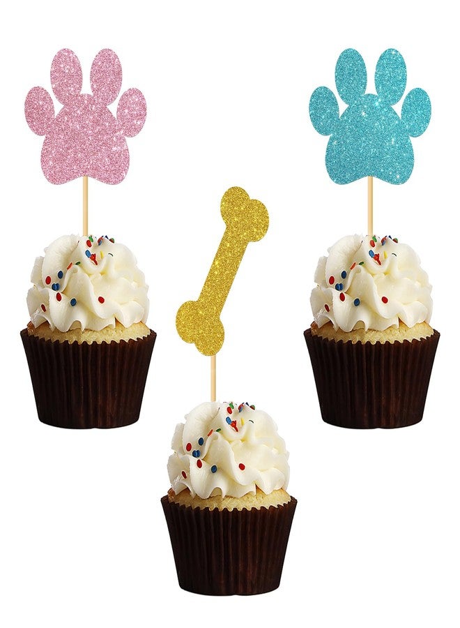 MonMon & Craft Dog Paw Print Cupcake Toppers/Dog Puppy Birthday Cupcake Toppers/Baby Shower/Children Birthday Sign Pet Puppy Party Cupcake Decor Glitter 24 Pcs - Image 1