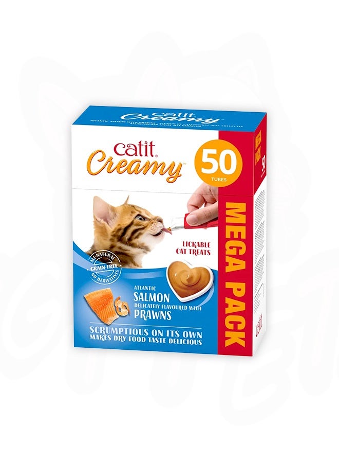 عبوة كبيرة من مكافآت "كريمي تريتس" (Creamy Treats) للقطط - بنكهة السلمون والروبيان - 50 أنبوباً