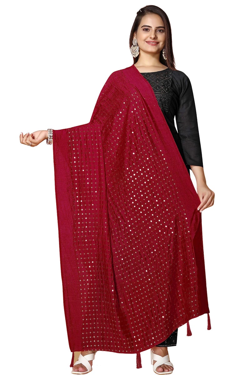 KEMZA Women's Embroidered Mirror Cotton Dupatta (Maroon_Free size) with Rajasthani Aari Work - Image 1